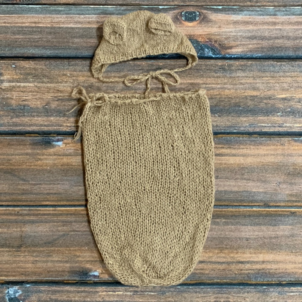 Newborn Knit Brown Swaddle Sack and Hat with Brown Ears - for photo shoots